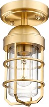 Gold Flush Mount Ceiling Light Fixture Industrial Glass Retro Hallway Metal Cage - £49.27 GBP