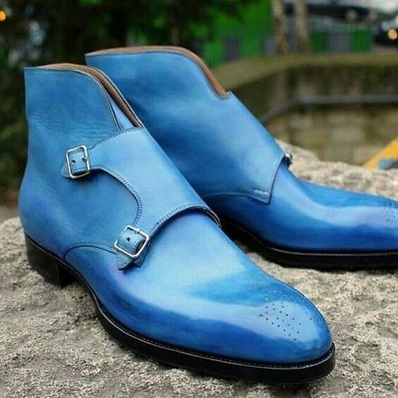 Light Blue Color Double Monk Buckle Strap Brogue Toe Leather Ankle Boots US 7-16
