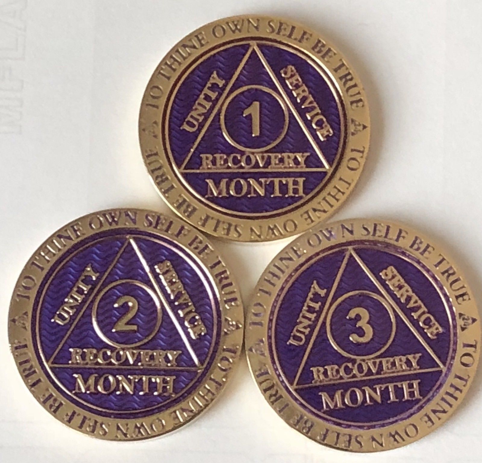 Set Of 3 Purple AA 1 2 3 Month Medallions Gold Plated Medallion Chip - $44.99