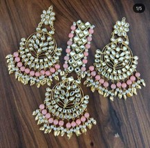 New Light Pink Chand Bali Tikka Kundan Tikka Earrings Beautiful Jewelry Set j450 - £36.93 GBP