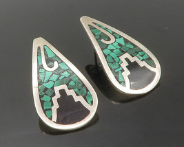 MEXICO 925 Sterling Silver - Vintage Malachite Mosaic Dangle Earrings - EG6370 - £46.37 GBP