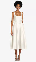 TH092..Square Neck Full Skirt Satin Midi Dress with Pockets...Ivory...Size 12 - £60.15 GBP