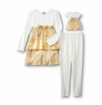 Girls Dress &amp; Leggings Holiday Outfit What A Doll Gold White 3 Pc Set-sz... - £29.58 GBP