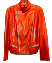 Tod&#39;s Womens Leather Biker Jacket Orange Size Med Zip Italy Motorcycle Lined - £177.05 GBP