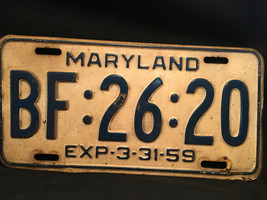 Old Vtg 1959 Maryland License Plate BF:26:20 Car Truck Van SUV Automobile - £39.78 GBP