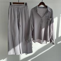 Cotton and Linen Vintage Plus-size Long-sleeve and Trousers 2PCS, Shirt Set - £27.35 GBP