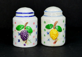 Vintage Set Of White Ceramic With Grapes &amp; Colorful Dots Salt And Pepper Shakers - £6.31 GBP