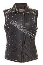 New Women Punk Black Full Spiked Studded Unique Rock Star Biker Leather Vest - £237.27 GBP