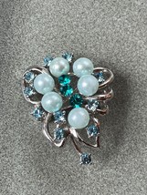 Small SIlvertone w Light Blue Faux Pearl Beads &amp; Rhinestones BUTTERFLY Brooch - £8.83 GBP
