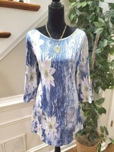 Azalea Women Blue Floral Polyester Round Neck Long Sleeve Top Blouse Size Large - £19.28 GBP