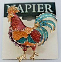 Napier Rooster Brooch Pin Enamel &amp; Jeweled Gold Tone NEW Rhinestones P77 - £15.70 GBP