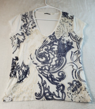 Tahari T Shirt Top Womens Large White Knit 100% Cotton Blue &amp; Gold Floral V Neck - £7.82 GBP