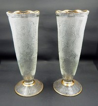 Jeannette Glass Harp Pattern Gold Trimmed Footed Vase Pair - £23.97 GBP