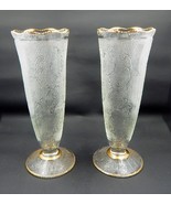 Jeannette Glass Harp Pattern Gold Trimmed Footed Vase Pair - £23.94 GBP