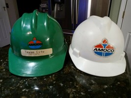 Lot 2 Vintage AMOCO Hard Hat Oil Gas American Oil Motor Green &amp; White Ad... - $86.31