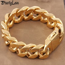 Luxury Gold Plated Stainless Steel Heavy Metal On Hand Bracelets For Men Curb Cu - £31.79 GBP