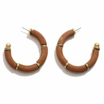 Brown Wood Tube Beaded Hoop Earrings - £11.87 GBP