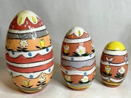 Vintage Decorative Wooden Eggs Nesting Eggs like nesting dolls - 3 eggs Painted - £12.60 GBP