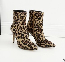 2021 Shoes Women Ankle Boots Sexy Flock High Heels 10CM Point Zipper Leopard Hal - £46.82 GBP