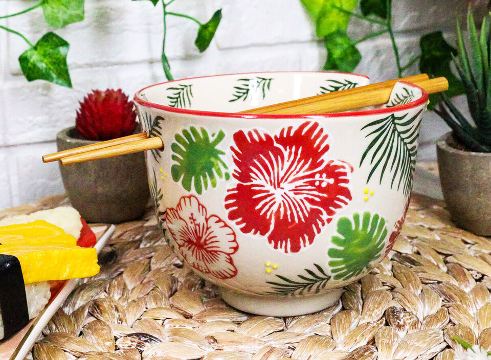 Pack Of 2 Colorful Nectar Flowers Ramen Noodles Soup Bowl With Bamboo Ch... - $28.99