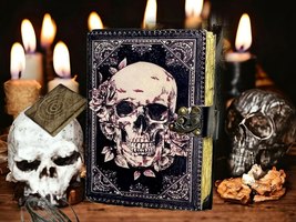 Handmade vintage leather skull journal grimoire leather Skechbook gifts  - $38.93
