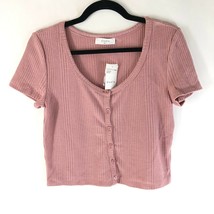 Elodie Womens Crop Top Waffle Knit Ribbed Button Front Short Sleeve Blush Pink L - £7.76 GBP