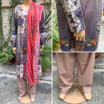 Pakistani Gray  Printed Straight Shirt 3-PCS Lawn Suit w/ Threadwork ,XL #1 - £41.26 GBP