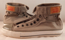 LEVI&#39;S gray denim high top shoes, leather patch, sz 6, white rubber, but... - $24.74