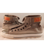 LEVI'S gray denim high top shoes, leather patch, sz 6, white rubber, button top - $24.74