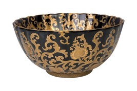 Black and Gold Tapestry Scalloped Porcelain Bowl 12&quot; Diameter - £118.43 GBP