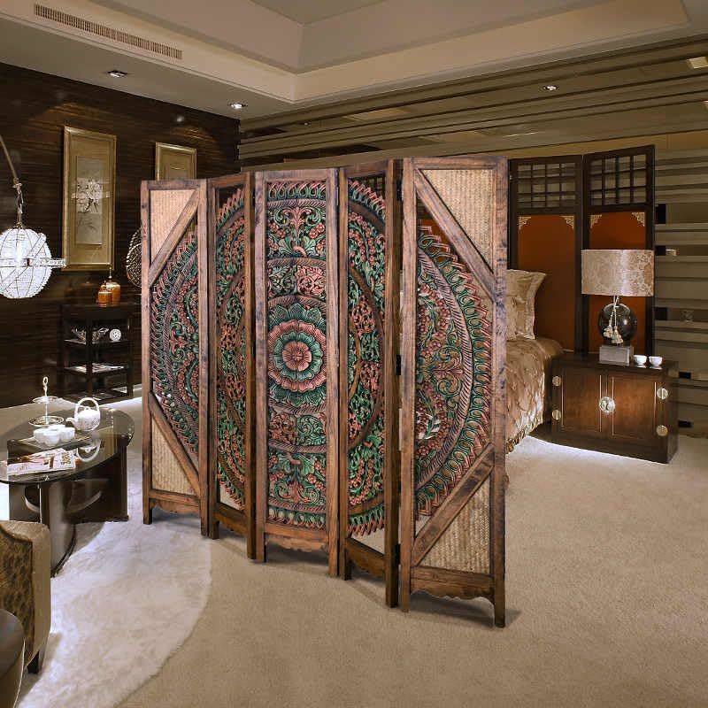 Thai Heritage Hand-Carved Wooden Room Divider Screen, Southeast Asian Floral Mot Item image 7