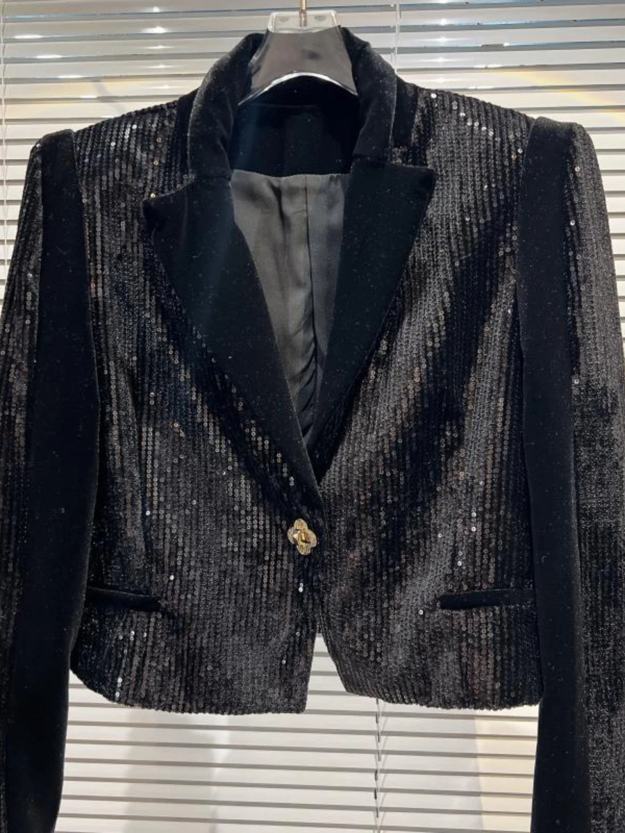  Autumn  Sequined Black Velvet Suit Jacket Women Elegant Suit Collar Padded Shou - £179.50 GBP