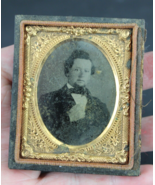c1850s Young man Tintype Real Photo + 1/2 Case ORNATE GOLD GILT suit - $34.99