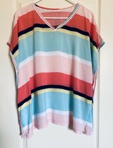 Cuddl Duds Woven Sun Cool Breeze Short-Sleeve Top Pink Teal Striped Size M - £26.36 GBP
