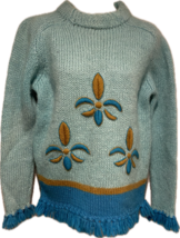 Vintage 1960’s Designer Blue Wool Mohair Sweater, Fleur De Lis with Frin... - $350.00