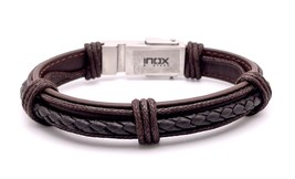 INOX Men&#39;s Stainless Steel &amp; Brown Leather 8.5&quot; Bracelet - £54.73 GBP