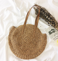Round Straw Beach Bag Vintage Handmade Woven Shoulder Bag Raffia circle Rattan b - £25.33 GBP