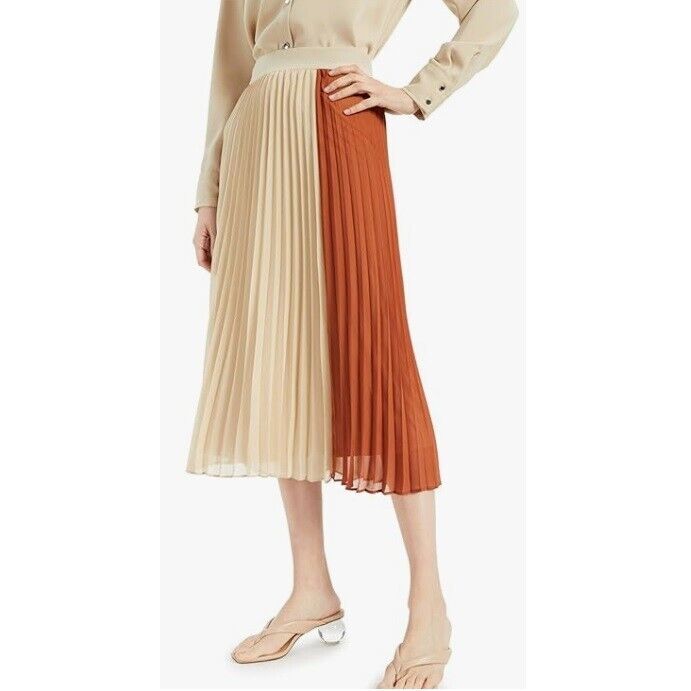 Alfani Womens L Cream Beige Colorblock Pleated Elastic Waist Skirt NWT BC69 - $37.23