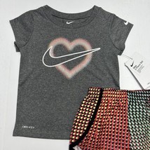 Nike Girls Swoosh Heart Dri-Fit T-Shirt &amp; Shorts Set Outfit Grey Black Sz 3T 4T - £20.04 GBP
