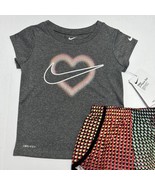 Nike Girls Swoosh Heart Dri-Fit T-Shirt &amp; Shorts Set Outfit Grey Black S... - £19.92 GBP