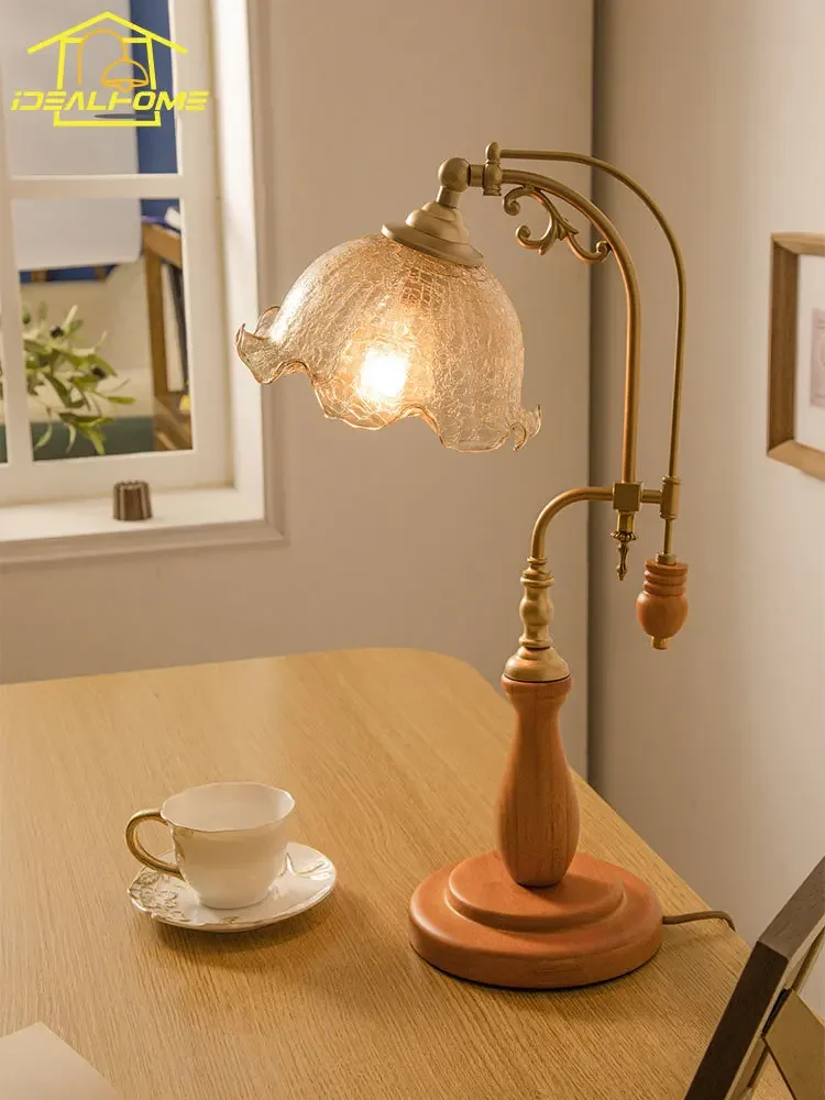 French Design Classical Vintage Table Lamp LED E27 Wood Base Glass Desk ... - $236.23