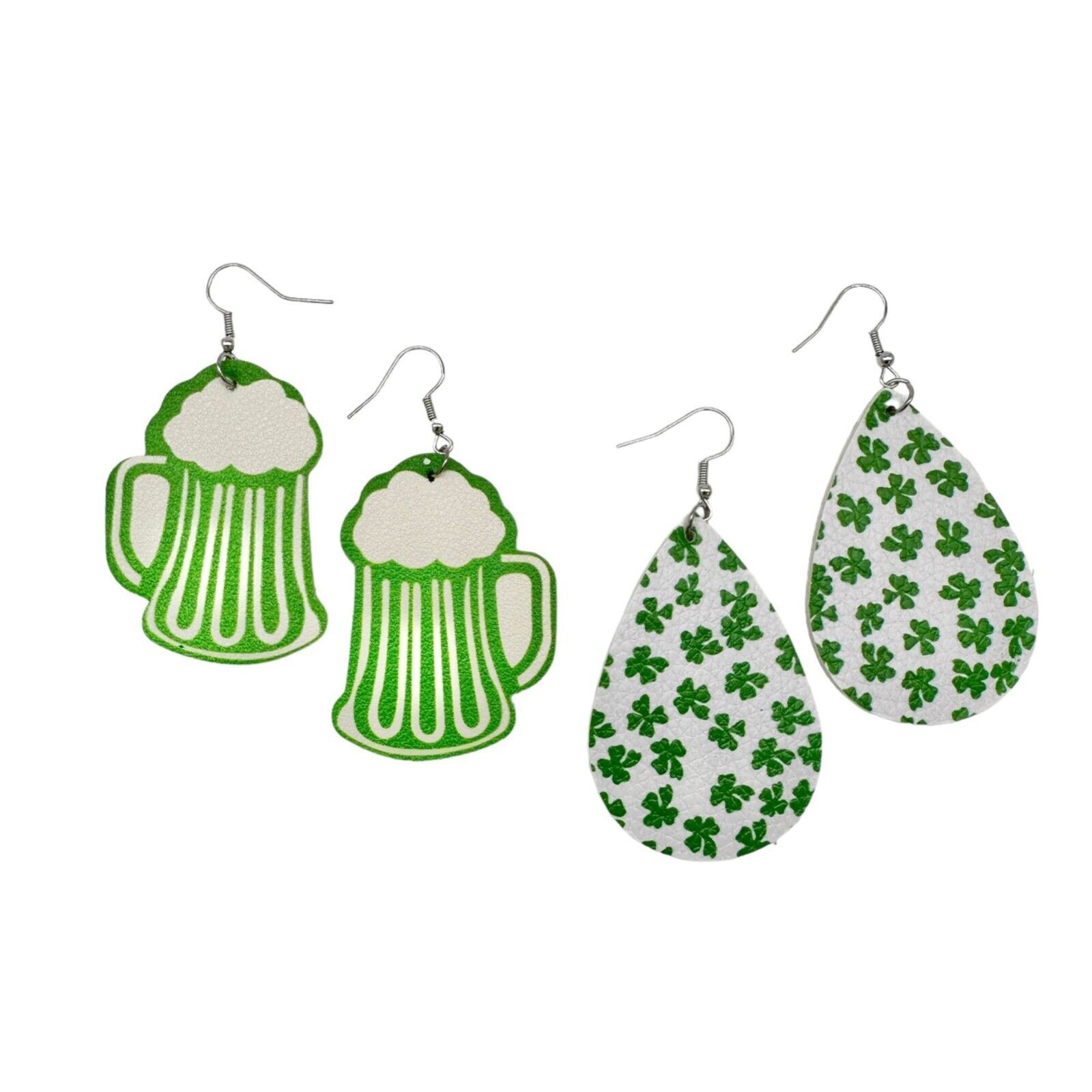 Two Pairs of St. Patrick's Day Earrings 1 Beer Mug 1 Teardrop Green White NEW - $7.92