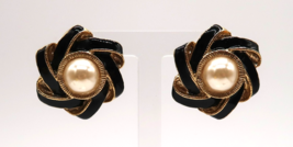 VTG Faux Pearl Cabochon Stud Earrings Gold Tone Black Enamel Over Metal ... - $14.99