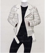 New Men&#39;s Punk White Silver Multi Studded Cowhide Leather Jacket With Be... - $429.99