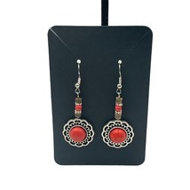 Handmade Silver Tone Dangle Earrings with Red Beads and Filigree Flower Design - £9.65 GBP