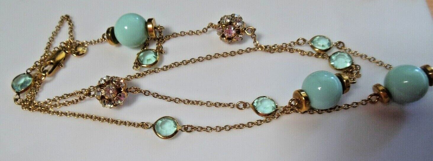 Vintage J Crew Long Blue Ball & Blue & Clear Crystal Necklace 32" W/J Crew Pouch - £22.55 GBP