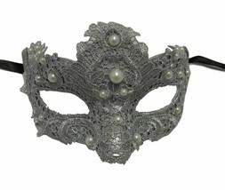 Silver Pearl Macrame Brocade Lace Masquerade Mardi Gras Mask - £9.01 GBP