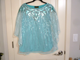 Bob Mackie Top Womens Turquoise Sequined Chiffon Wearable Art One size f... - £23.32 GBP