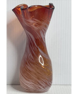 Art Glass 7” Vase Amber Handkerchief White Swirl With Top Ruffled Made I... - £14.76 GBP