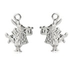 20 Silver Two Sided Alice in Wonderland Bunny Rabbit Horn Bead Drop Charms - $4.49